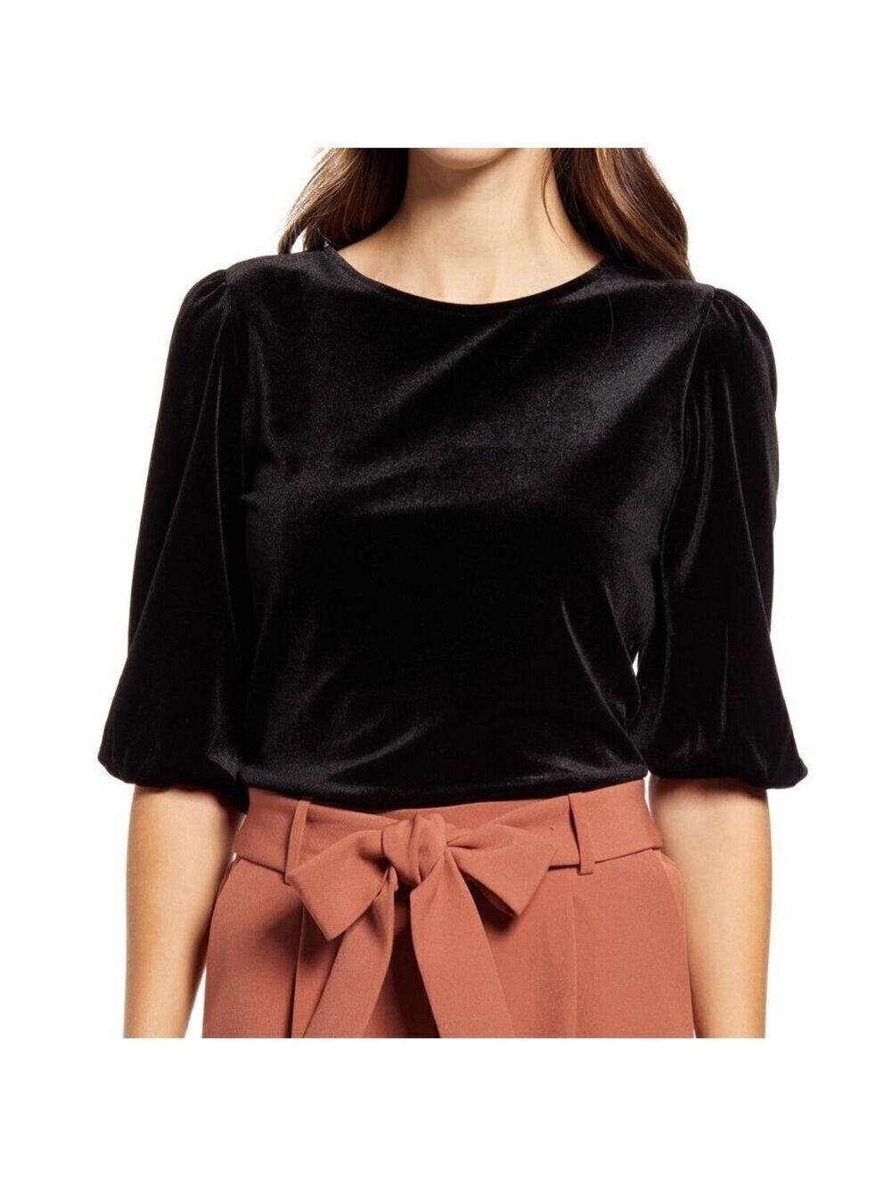 𝅺HALOGEN BNWT Black Velvet Top Small Velour Bubble Sleeve New